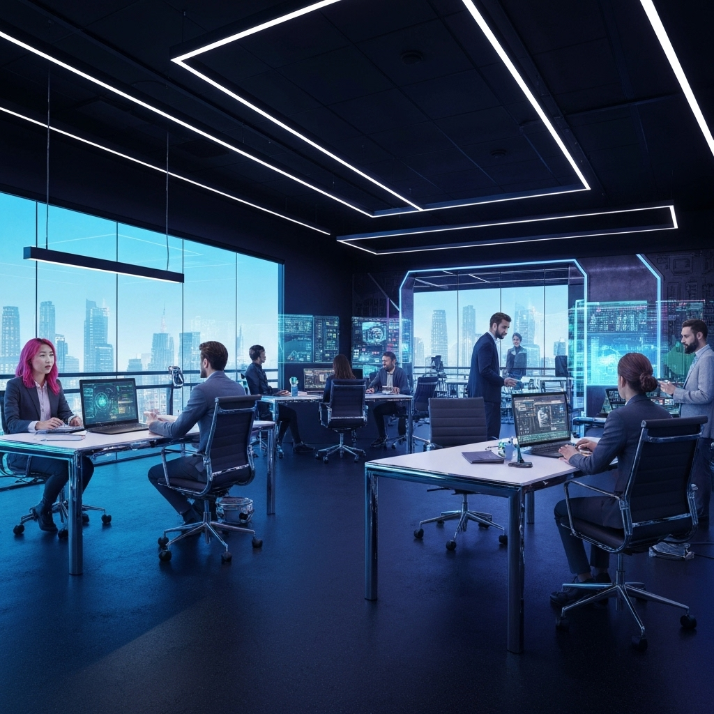 Modern tech office with neon lighting